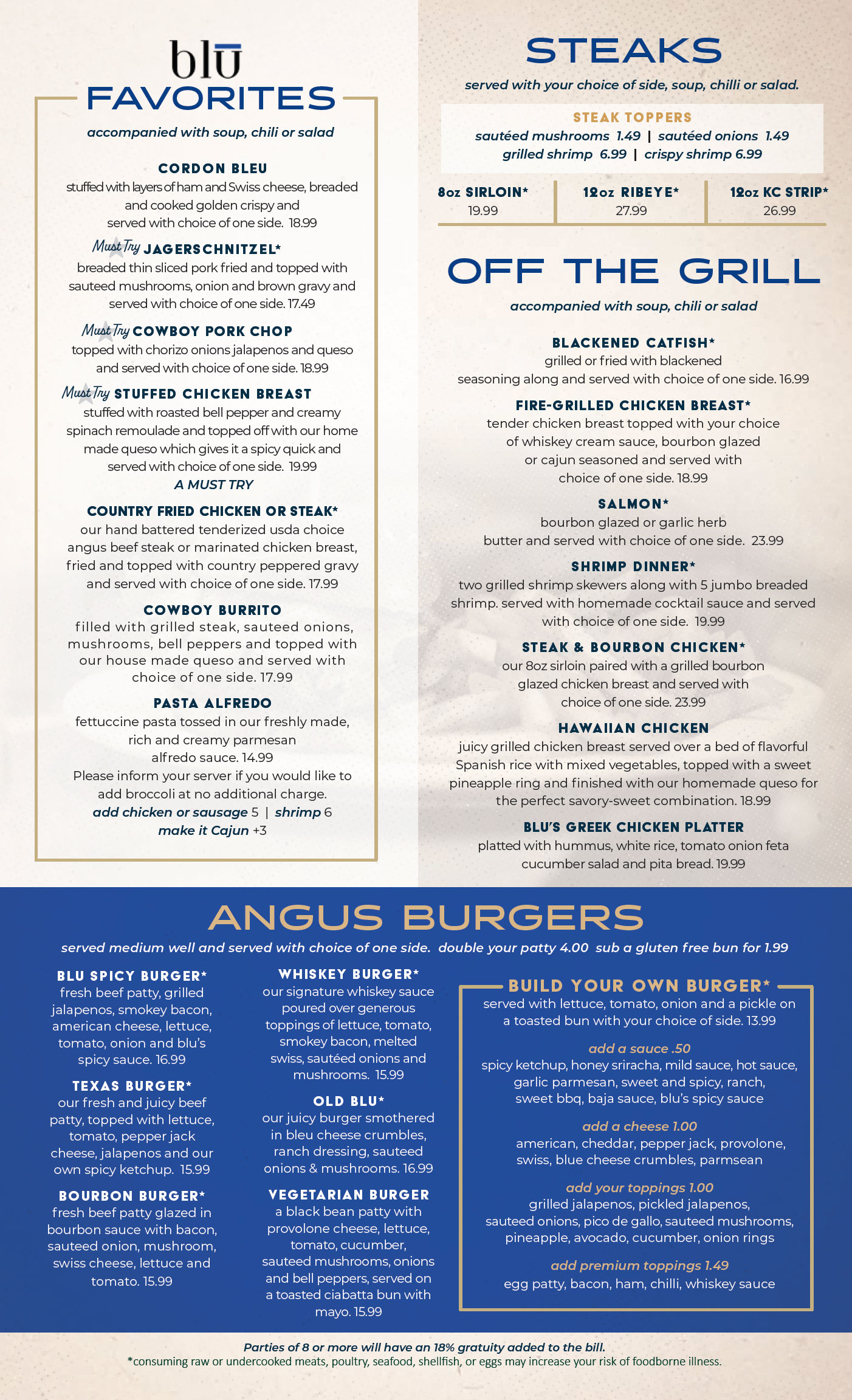 blu favorites and steak menu